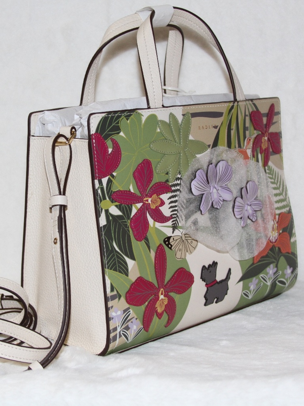 Radley London Scottie RHS Zip Top Leather 3D Floral Applique Grab Satchel Bag - Picture 3 of 8